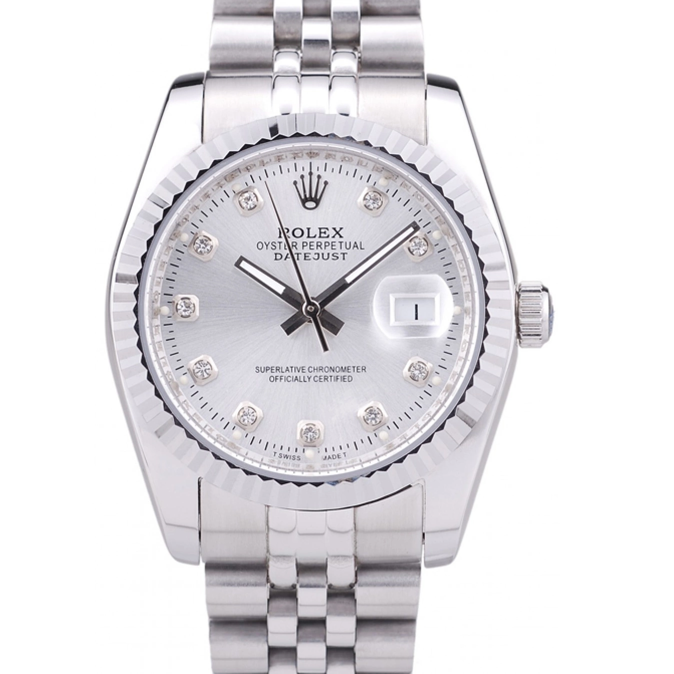 Aaa fake watches Diamonds Bezel Rolex Dial Silver Datejust 7455 Ribbed 0517